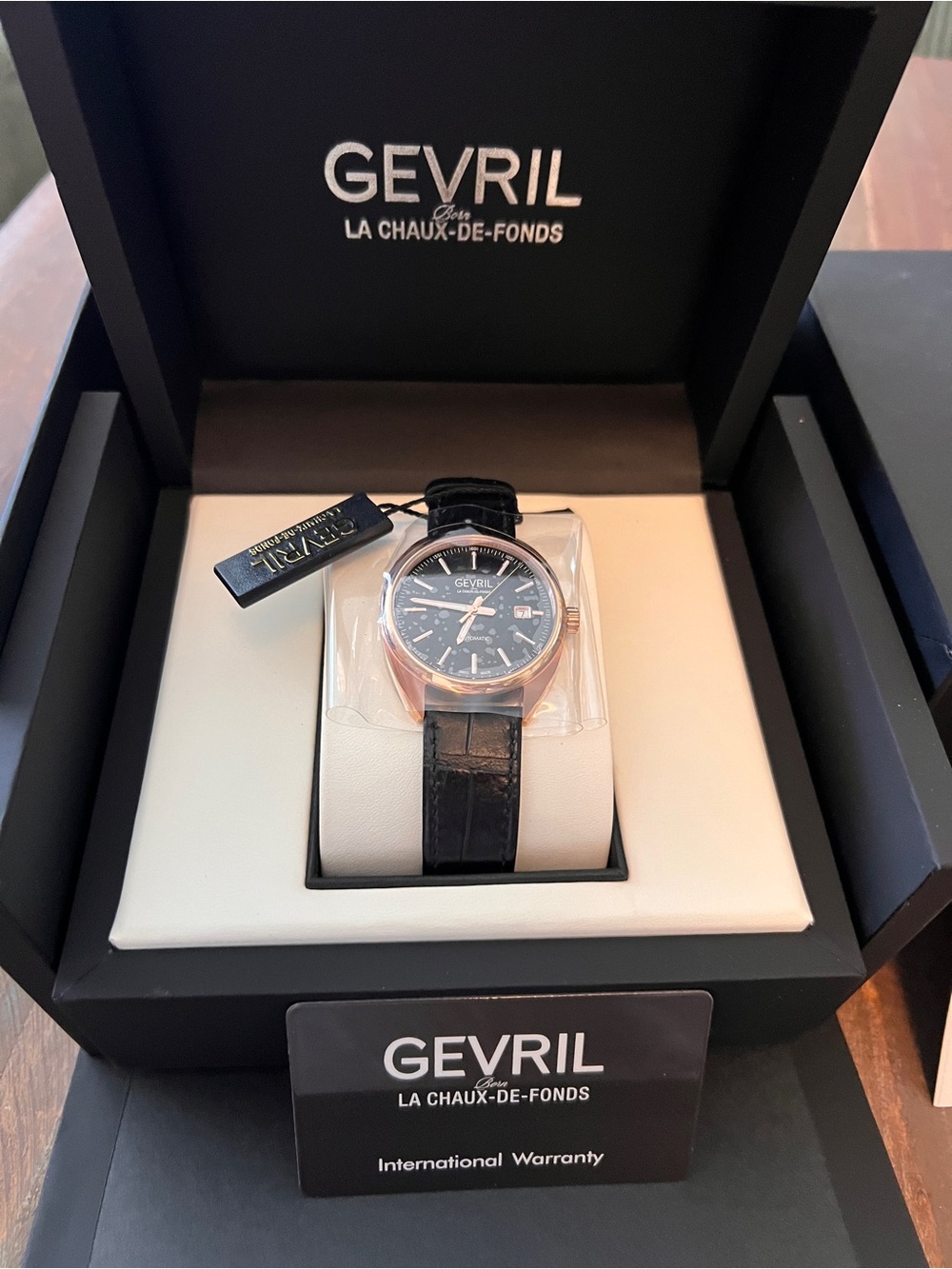 Gevril Five Points Black Alligator Leather Strap Watch - Rose Gold